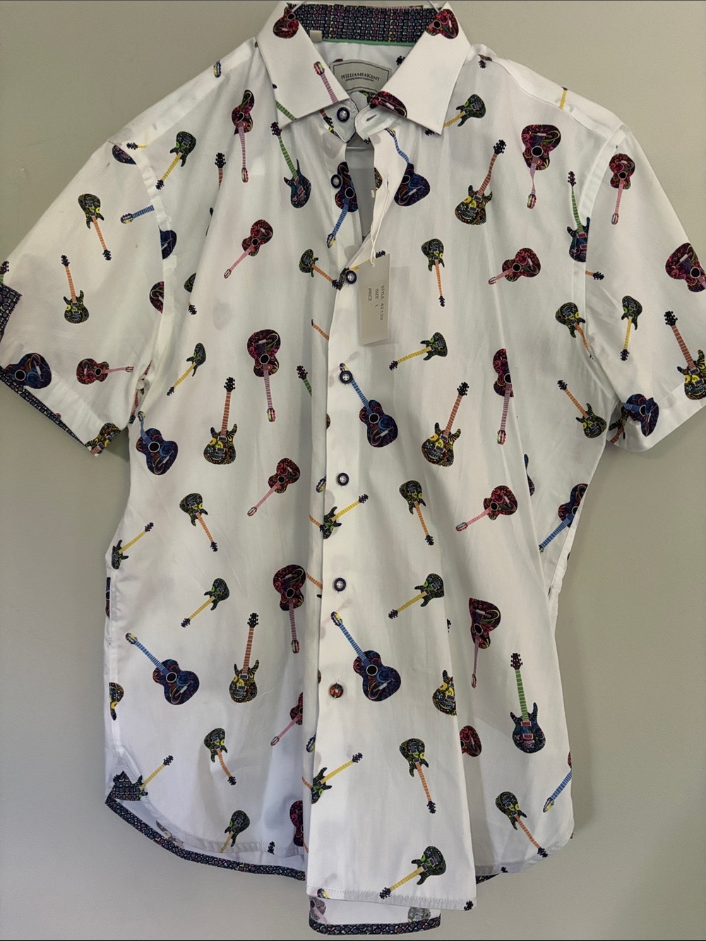 Men's White Short-Sleeve Guitar Print Button-Down Shirt